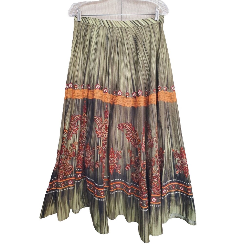 Coldwater Creek Cotton Full Circle Green Paisley Side-Zip Maxi Skirt Size Medium